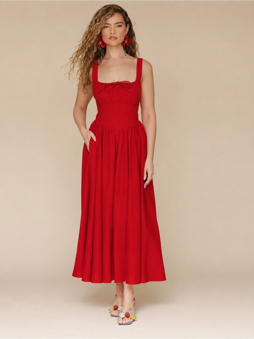 Avec Les Filles Drop Waist Bright Red Dress Size Small